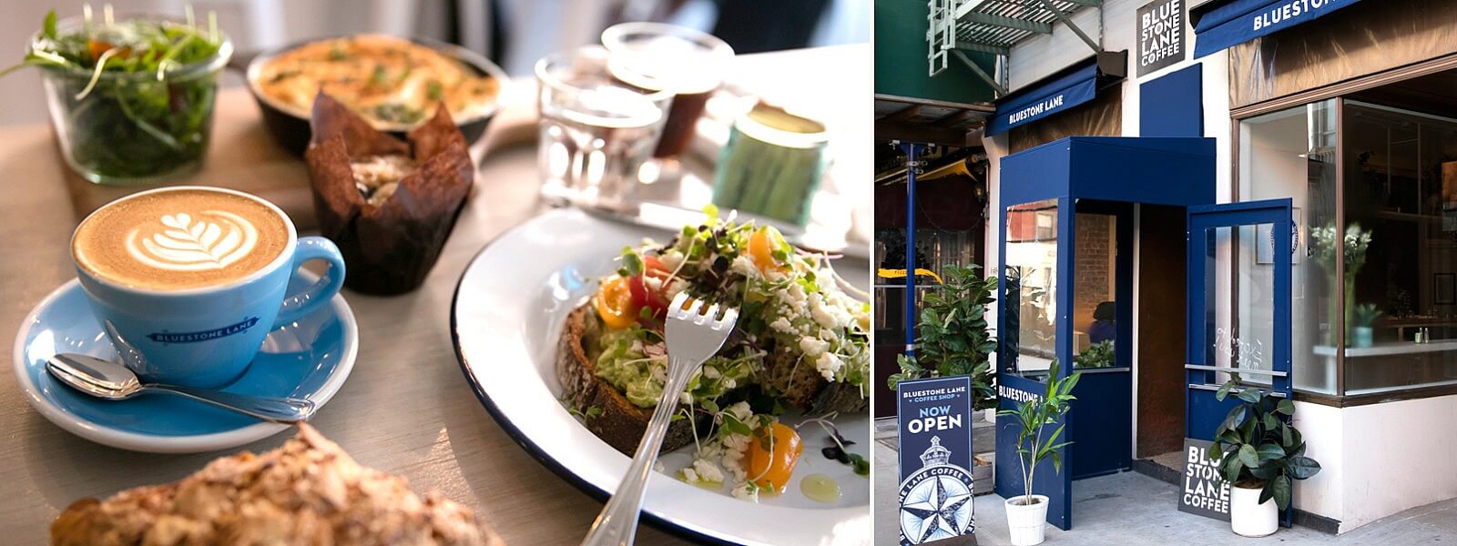 Avocado smash and coffee along side an exterior shot of Bluestone Lane Carmine.