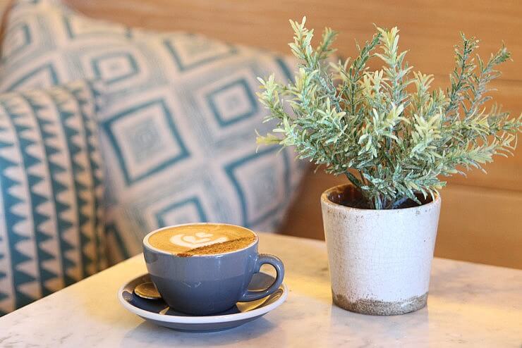 Cappuccino and a fake plant on a table. 