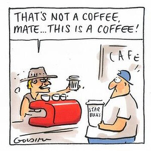 cartoon depiction of crocodile dundee telling someone "that's not a coffee mate...this is a coffee".