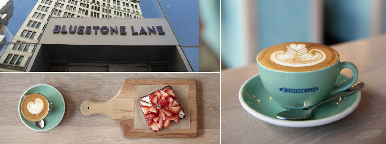 Exterior of Bluestone Lane with a flat white image and an aerial shot of strawberry toast and a latte.