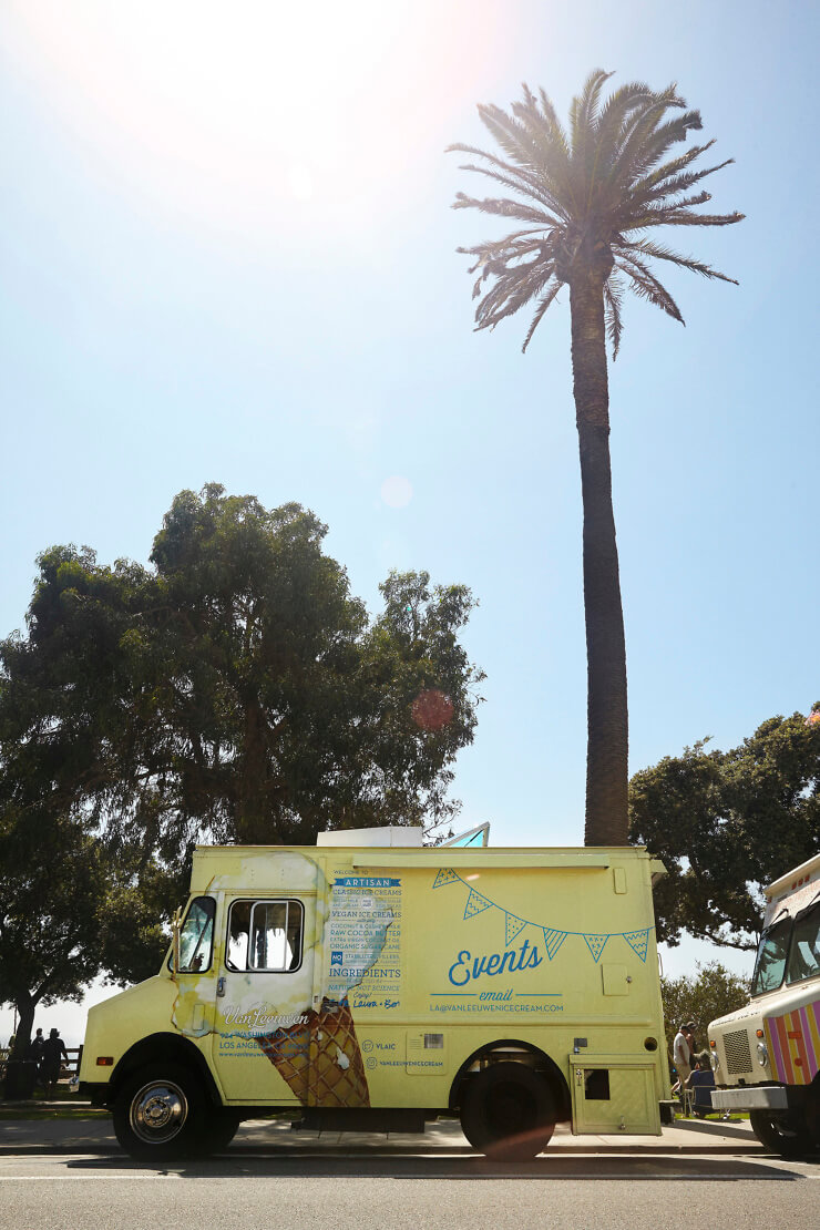 Van Leeuwen ice cream truck on street with palm tree in the background. 