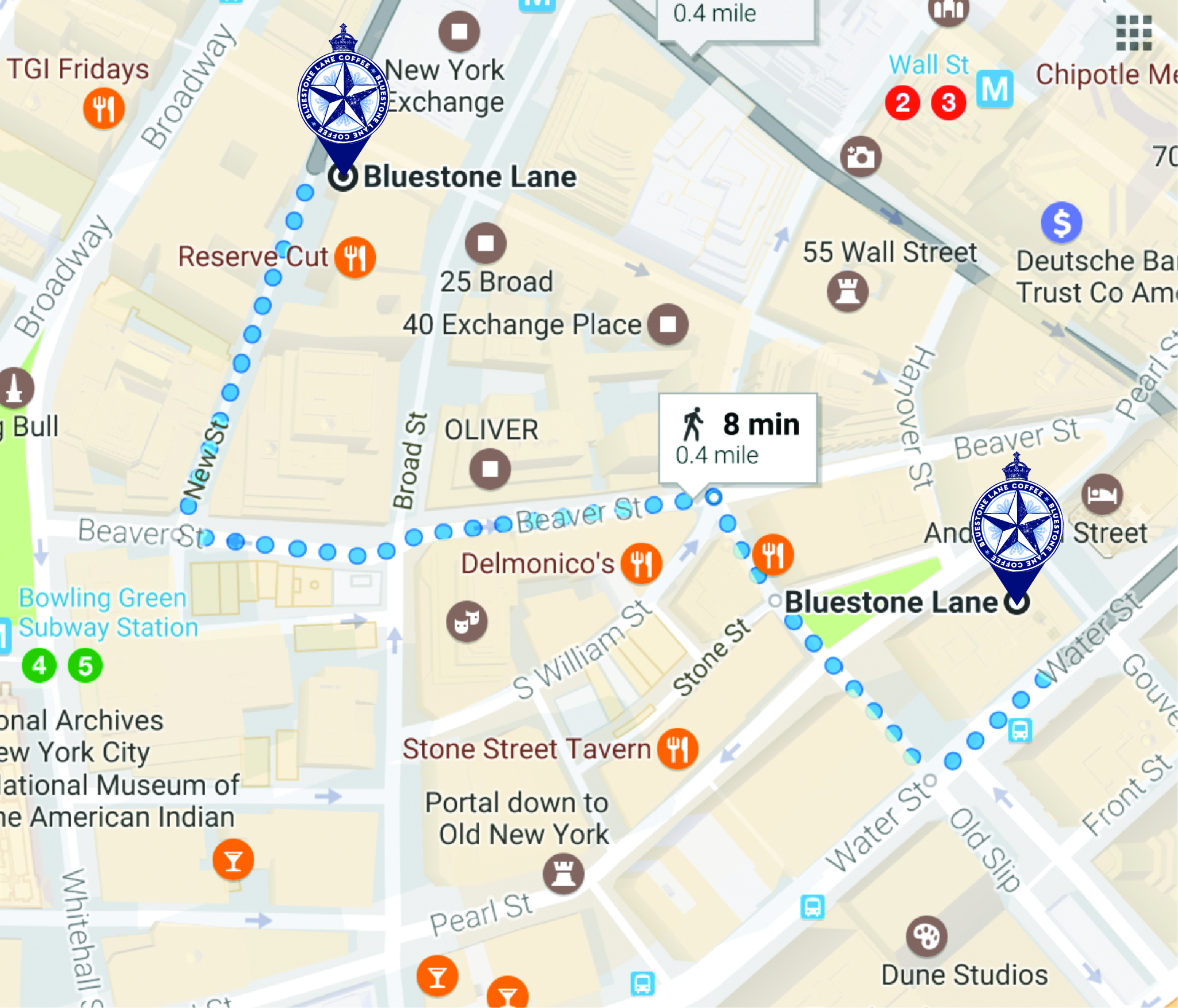 Google map image of walking from 30 Broad Street to 90 Water Street. 