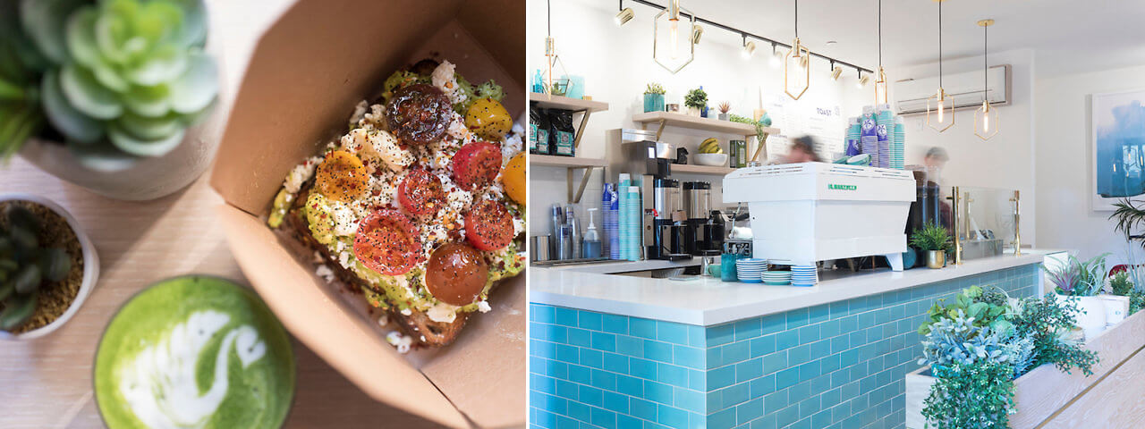 Avo Smash with feta and tomatoes and the interior of 90 water street.