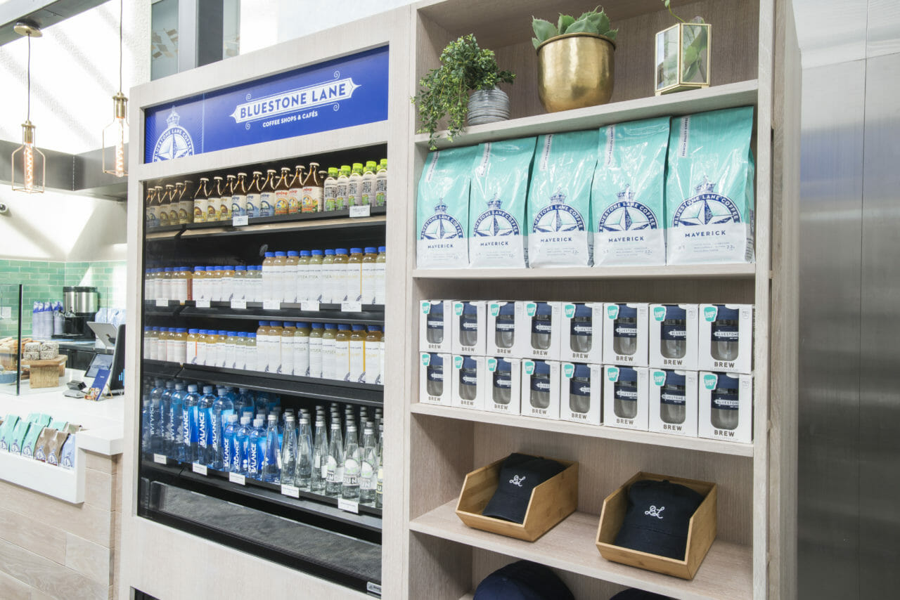 Grab and go and retail display inside Bluestone Lane Times Square.