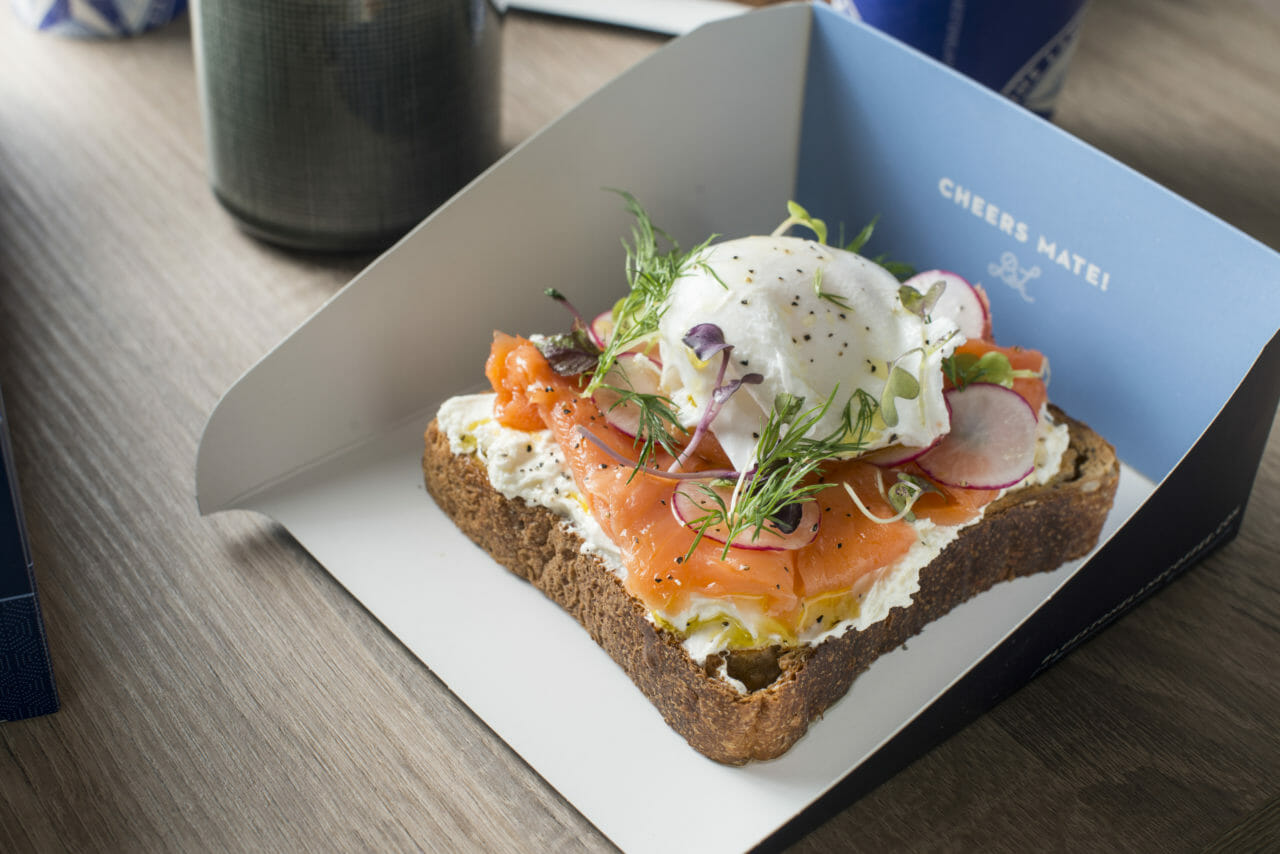 salmon toast with a poached egg at Bluestone Lane Times Square.