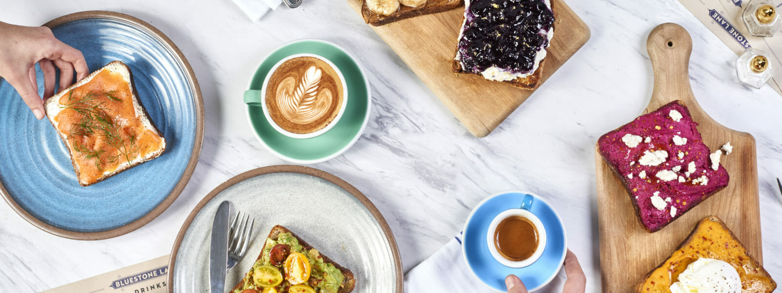 aerial shot of Bluestone Lane new menu spread.