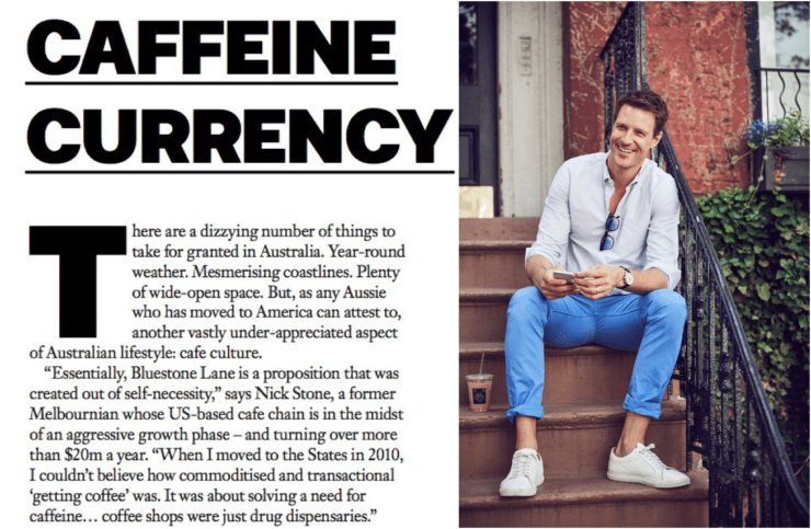 Magazine clipping of Founder and CEO Nick Stone sitting on a stoop in the West Village.