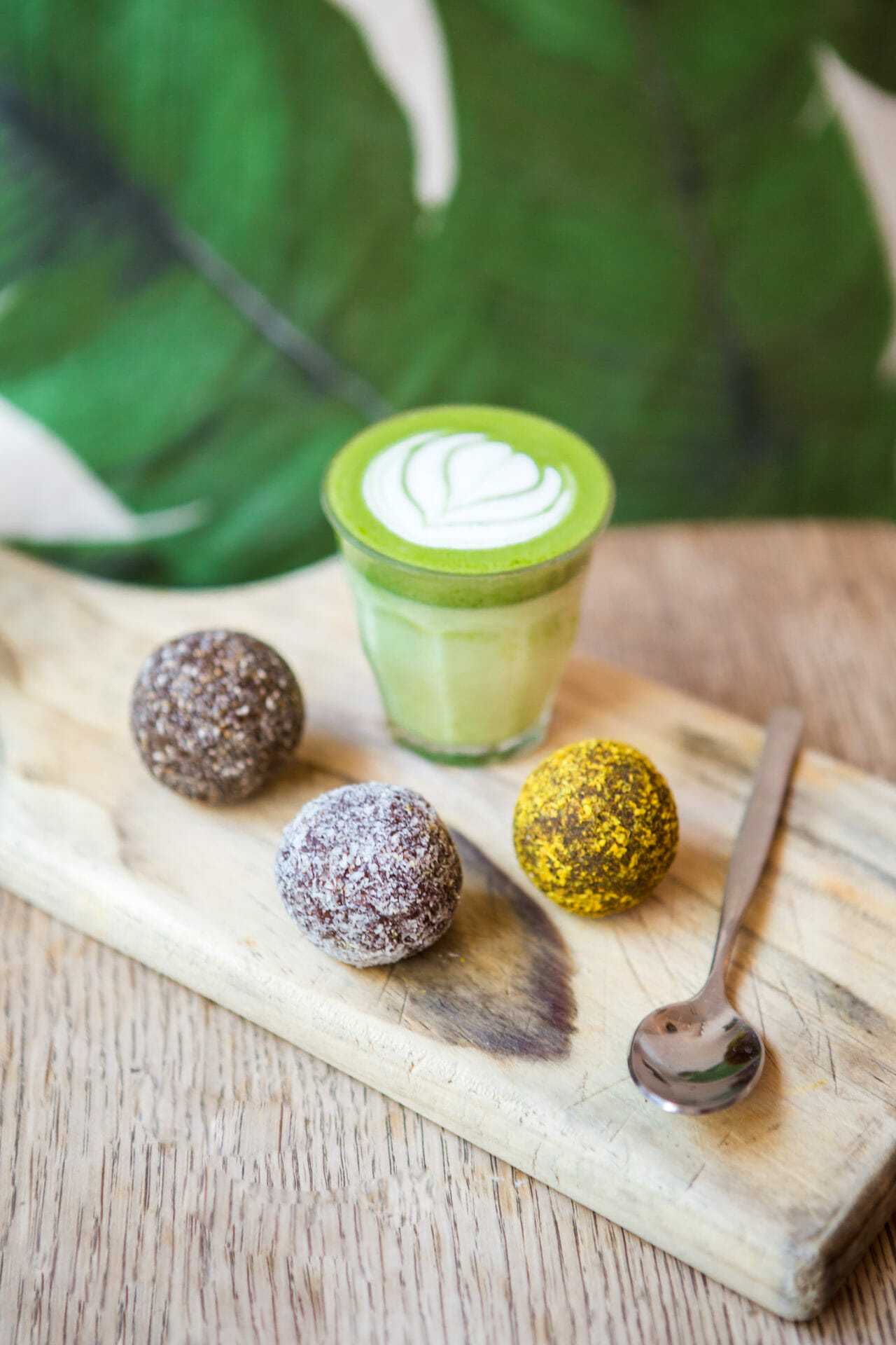 Matcha latte with Husk Bakeshop health balls