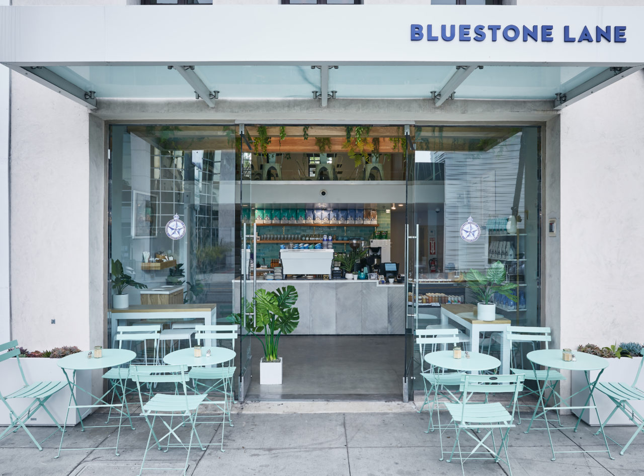 The colorful exterior of Bluestone Lane Beverly Hill's location