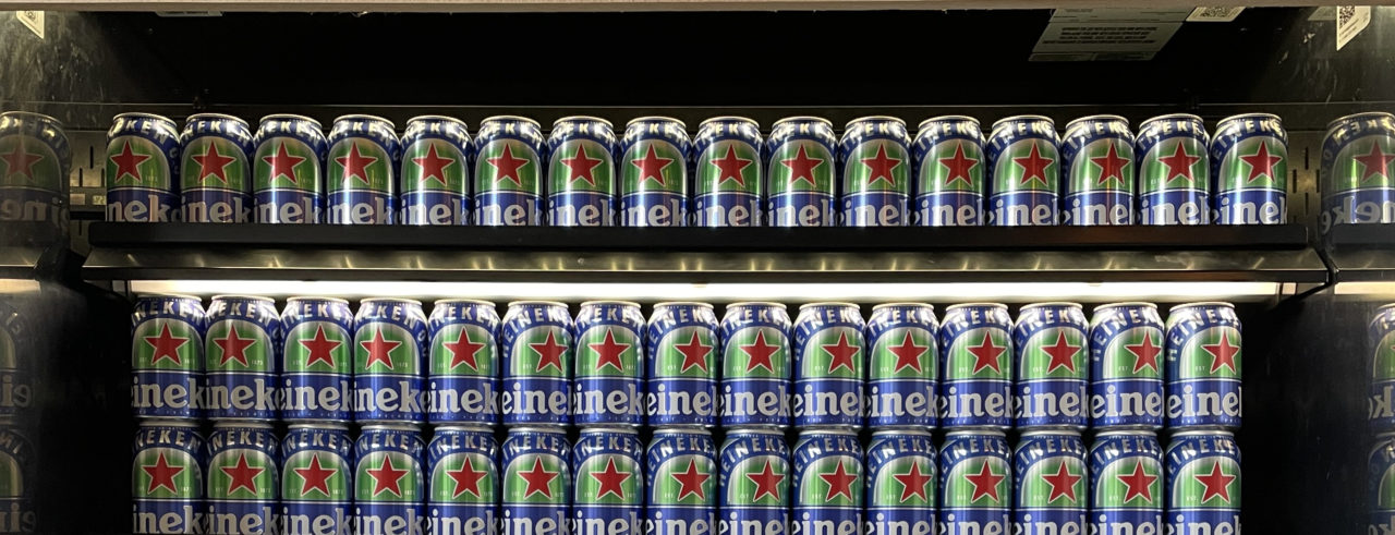 Rows of Heineken beers in fridge