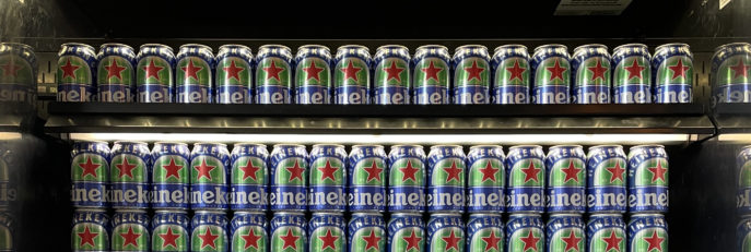 Rows of Heineken beers in fridge