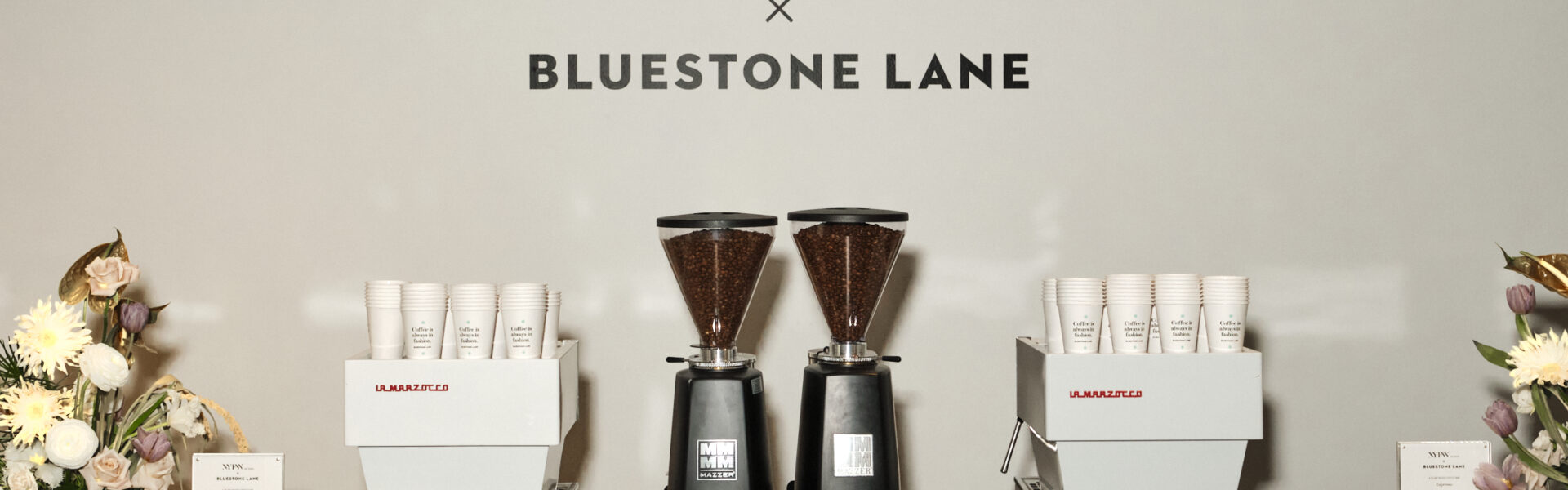 Bluestone Lane's coffee pop up at NYFW. Close up of coffee service area