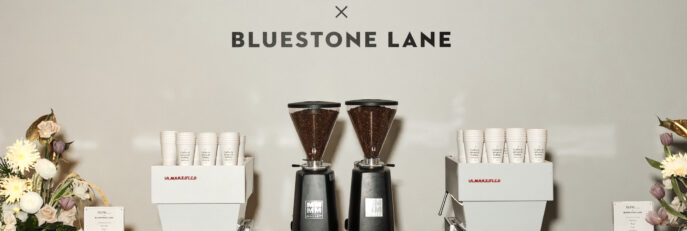 Bluestone Lane's coffee pop up at NYFW. Close up of coffee service area
