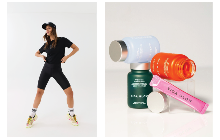 Photo 1: woman in black sports clothes and cap with her hands on her hips. Photo 2: a pile of brightly colored cosmetics and face creams