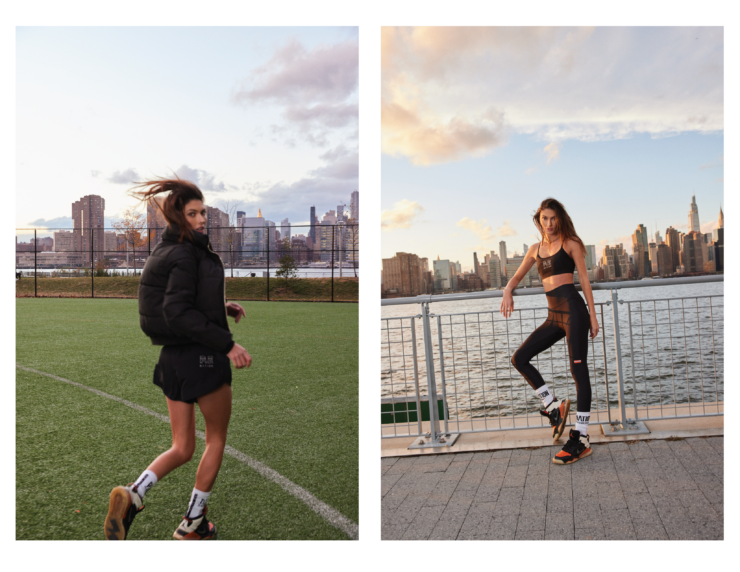 Photo 1: a woman in black sports gear and jacket runs across a grassy field looking back over her shoulder. Photo 2: a woman in black tights and a sports bra leans against a fence, a city skyline is in the background.