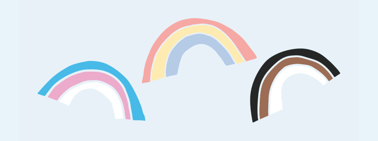 Three rainbows against a light blue background