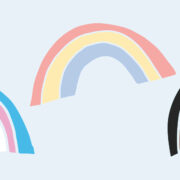 Three rainbows against a light blue background