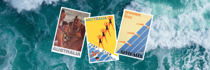 Three vintage surf lifesaving posters set above an image of waves