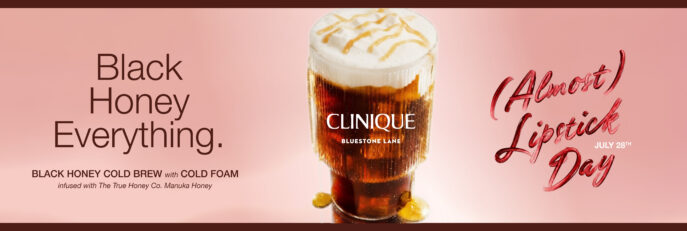 Banner promoting the Bluestone Lane x Clinique Black Honey collaboration and the limited-edition Black Honey Cold Brew, available for a limited time at Montauk and West Hollywood cafés.