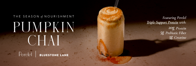Pumpkin Chai Protein Smoothie featuring Perelel Triple-Support Protein, with 20g protein, 5g prebiotic fiber and 3g creatine.